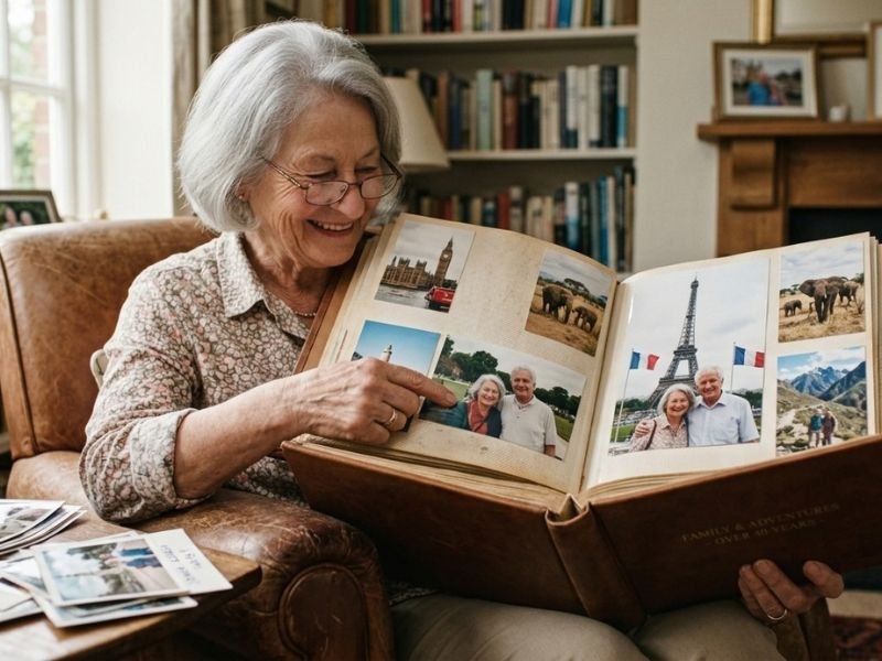 Senior sharing memorable travel stories and photographs