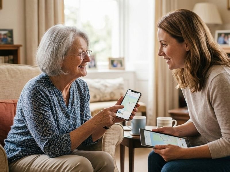 senior using technology with family