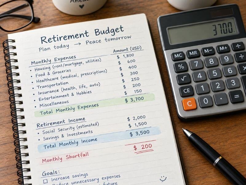 Retirement budget showing monthly income and essential expenses