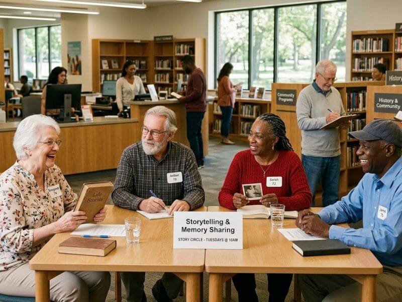 Older adults participating in a free community activity at a library