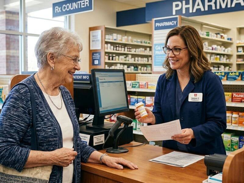 Healthcare Older adult discussing prescription costs with a pharmacist