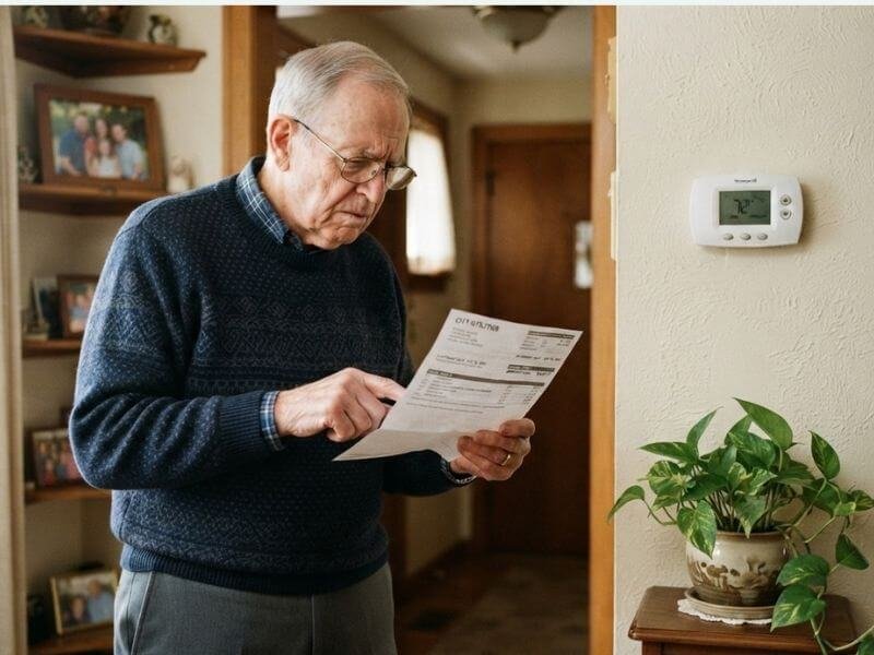 Senior reviewing home energy costs to reduce utility expenses
