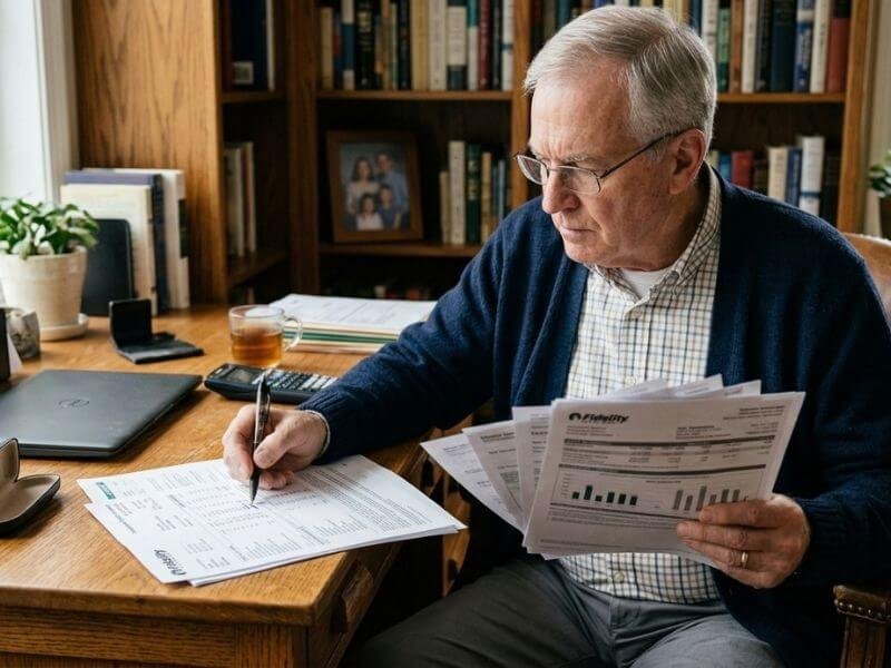 Retiree reviewing retirement accounts, insurance, and beneficiary information