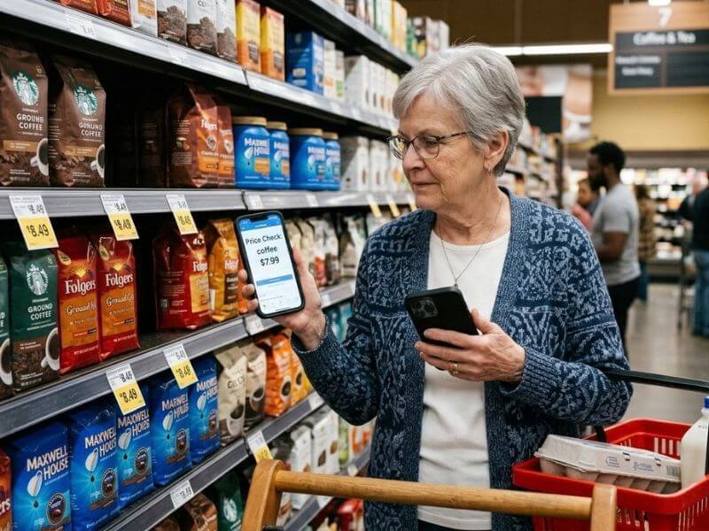 Shopping Senior comparing prices before making a purchase